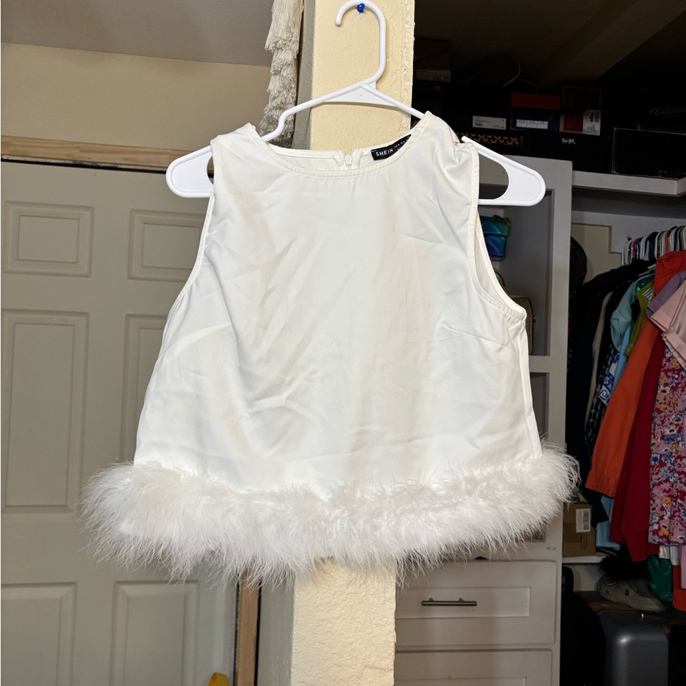 White Sleeveless Top with Faux Fur Trim